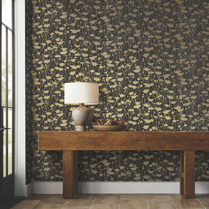 Shimmering Poppies Wallpaper- Black & Gold
