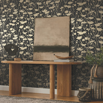 Shimmering Poppies Wallpaper- Black & Gold