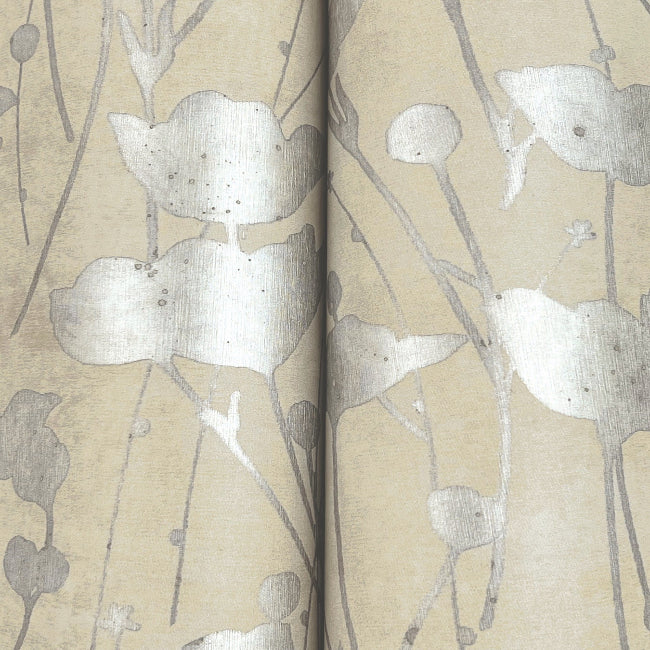 Shimmering Poppies Wallpaper- Cream & Silver