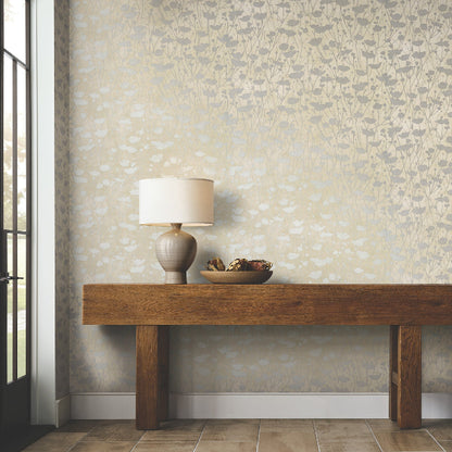 Shimmering Poppies Wallpaper- Cream & Silver