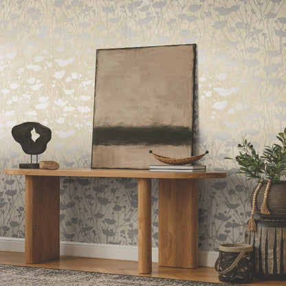 Shimmering Poppies Wallpaper- Cream & Silver