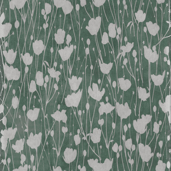 Shimmering Poppies Wallpaper- Green & Silver