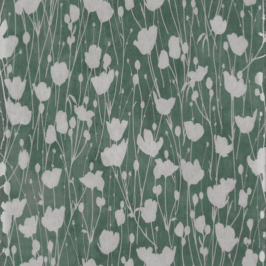 Shimmering Poppies Wallpaper- Green & Silver
