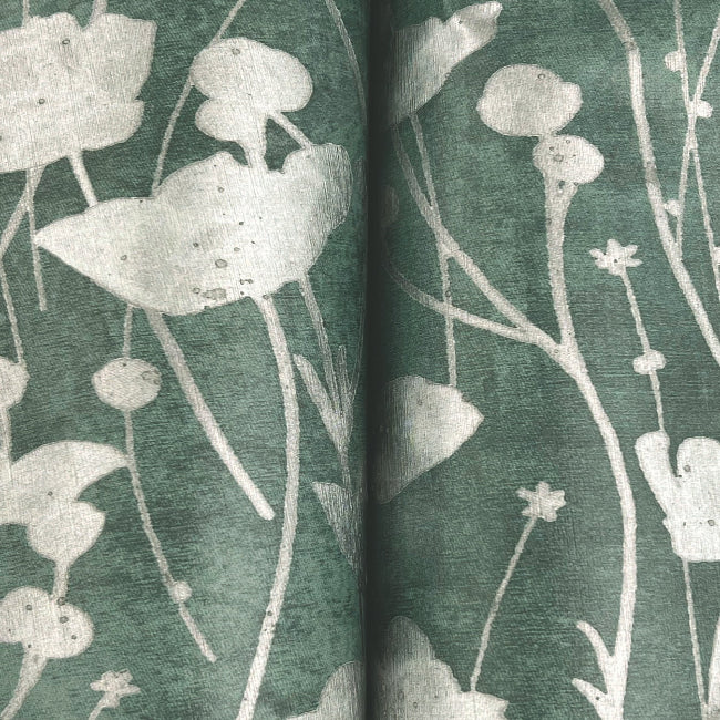 Shimmering Poppies Wallpaper- Green & Silver