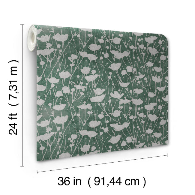 Shimmering Poppies Wallpaper- Green & Silver