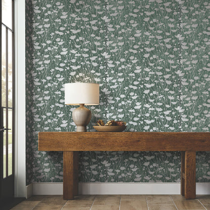 Shimmering Poppies Wallpaper- Green & Silver