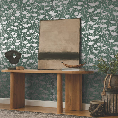 Shimmering Poppies Wallpaper- Green & Silver