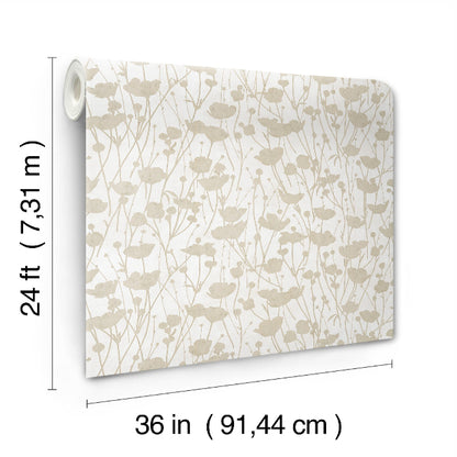 Shimmering Poppies Wallpaper- White & Gold