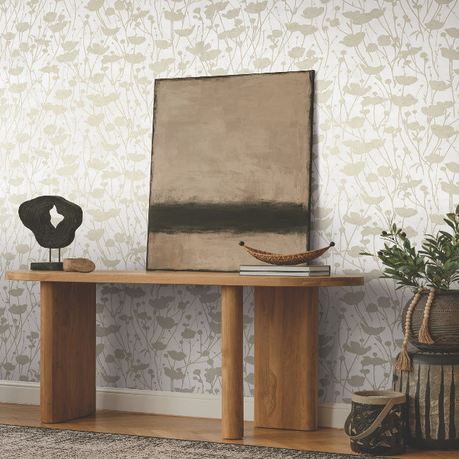 Shimmering Poppies Wallpaper- White & Gold