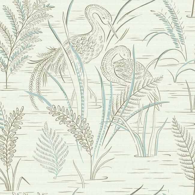 Fernwater Cranes Wallpaper (Brown/Blue