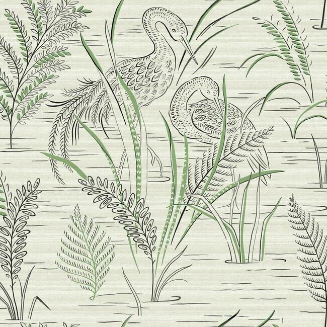 Fernwater Cranes Wallpaper (Black/Green)