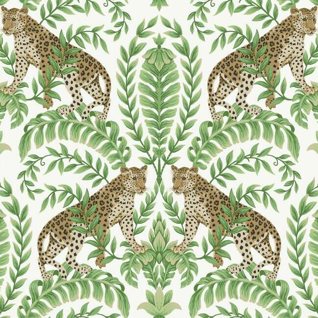 Jungle Leopard Wallpaper (White/Green)